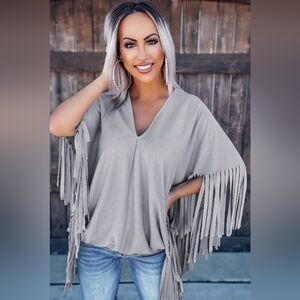 Gray Fringe Poncho Top